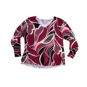 Chicos Sz 4 XXL Lightweight Sweater Red Black Abstract Leaf Swirls Berry Compote